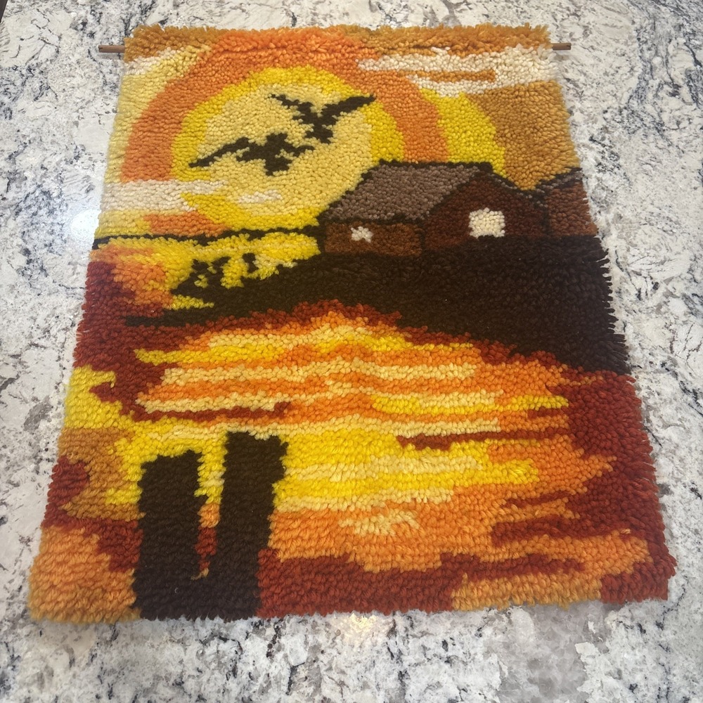 VTG Retro Latch Hook Mid Century Wall Art Sunset Cabin Shag Tapestry 27x20